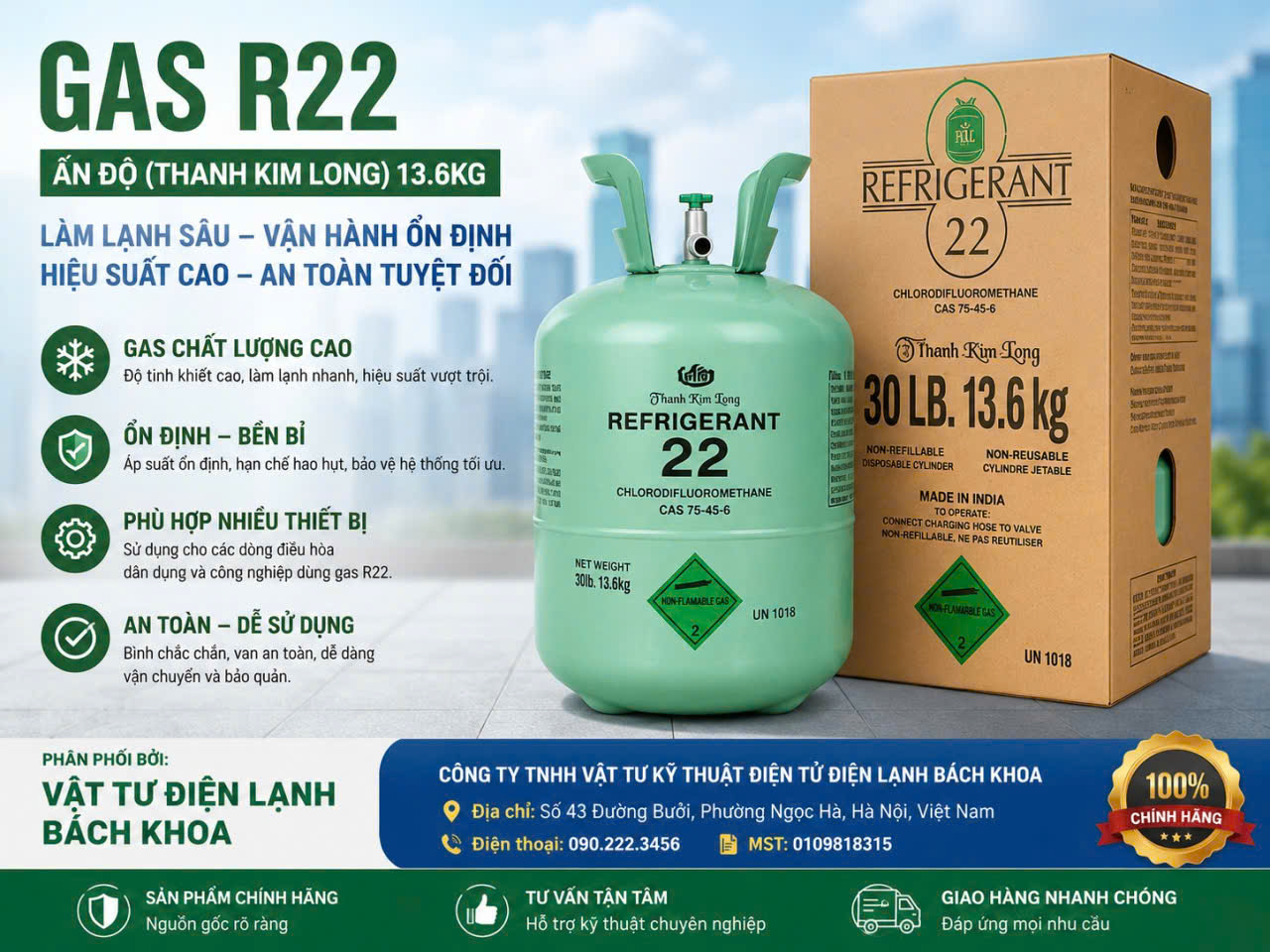Gas R22 Ấn Độ (Thanh Kim Long) – 13.6KG Tại đường Đê La Thành - 0902223456