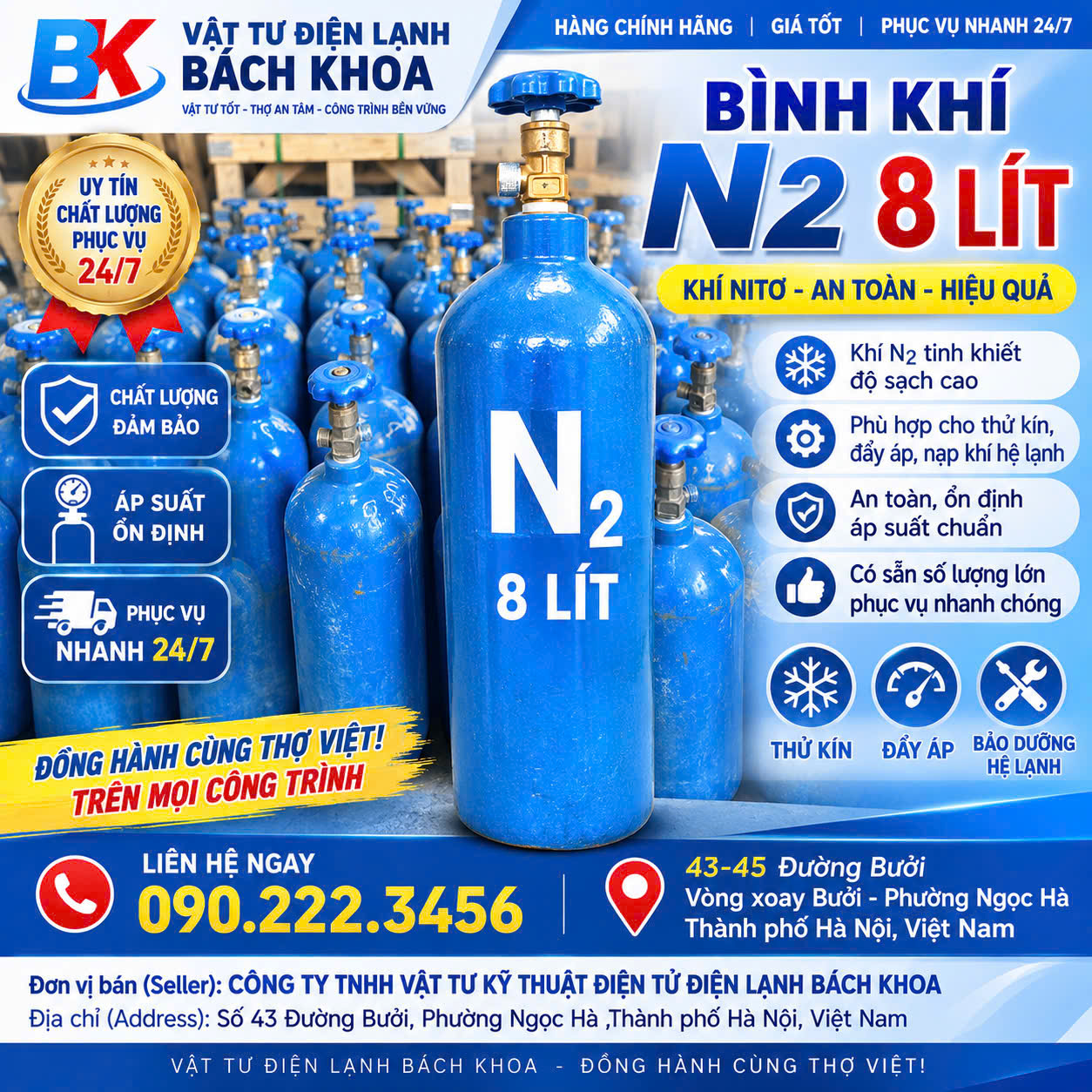 Bình khí N₂ 8 lít tại Hà Nội – Bình khí Nitơ dùng cho ngành điện lạnh
