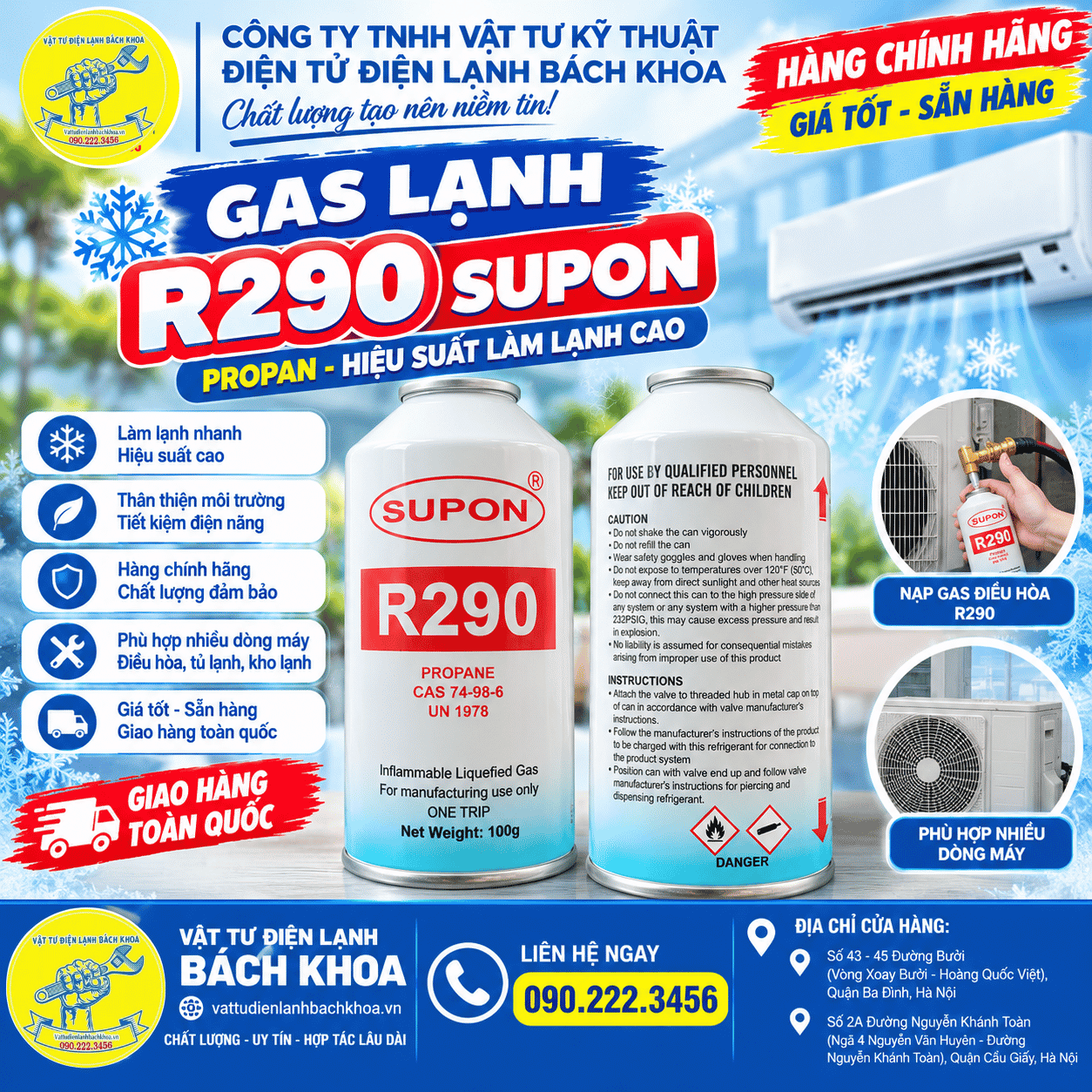 Gas lạnh R290 Supon dạng lon 100g chính hãng 0902223456
