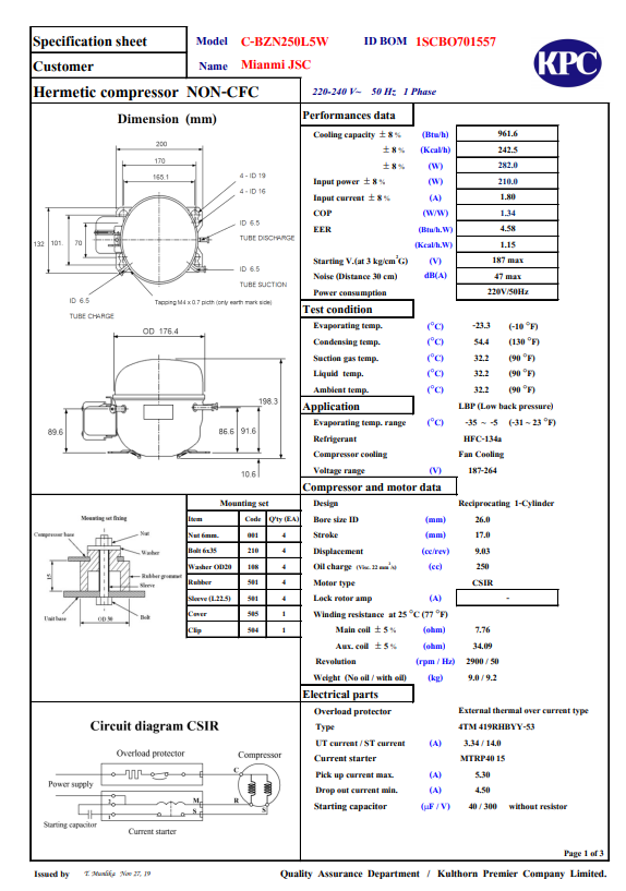 Block (lốc) Kulthorn C-BZN250L5W(  1/3HP) - Hàng chính hãng