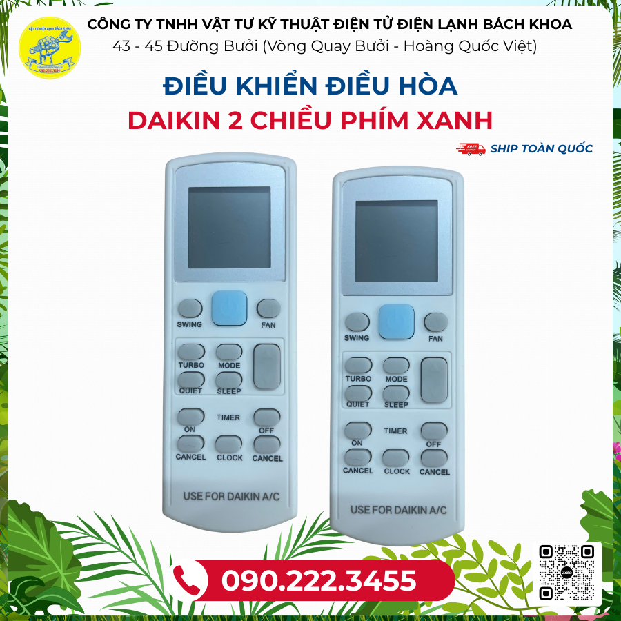 Điều khiển ĐIỀU HÒA Daikin 2 chiều phím xanh - 090.222.3455
