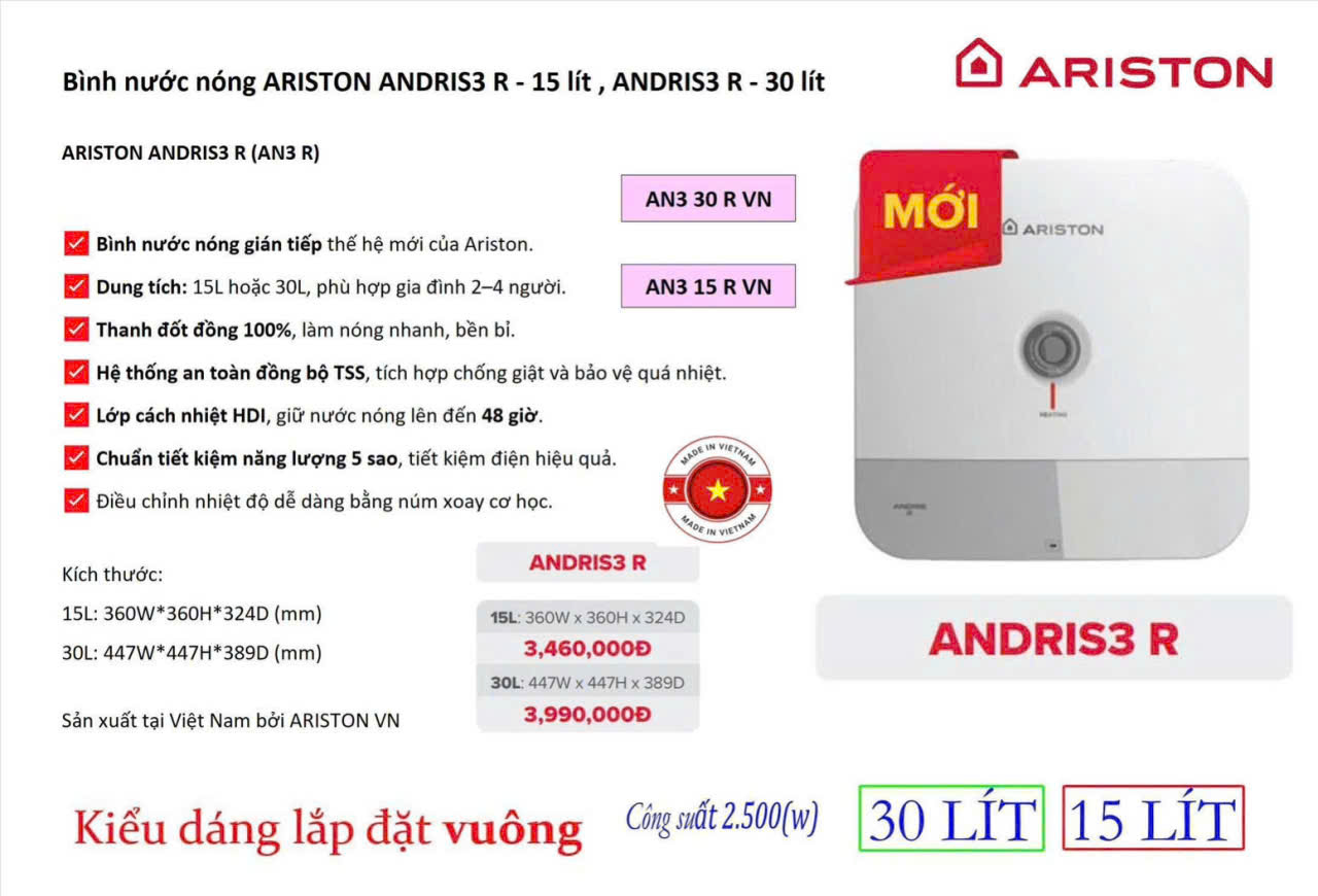 Bình nước nóng Ariston AN3 15, 30 R VN Chính Hãng