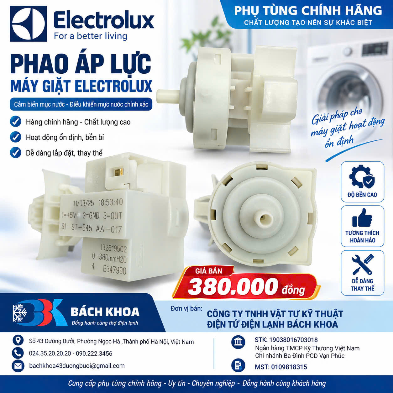 Phao áp lực máy giặt Electrolux Chính Hãng 0902223456