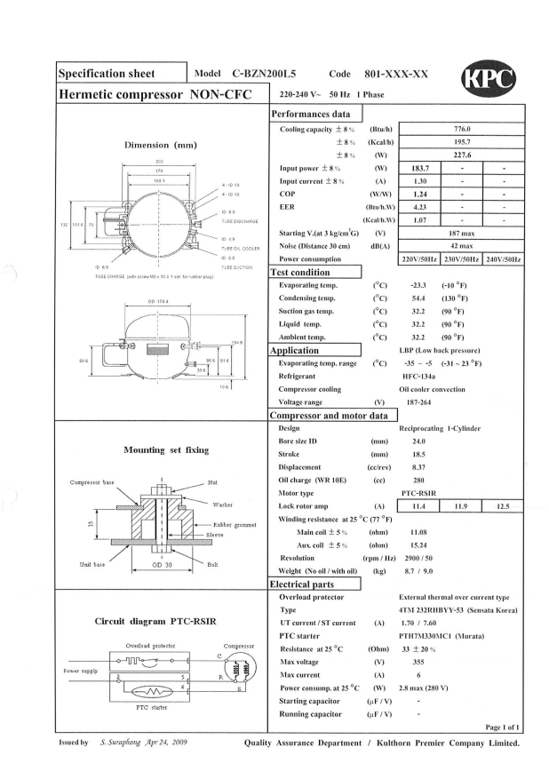 Block (lốc) Kulthorn C-BZN200L5R(  1/4HP) - Hàng chính hãng