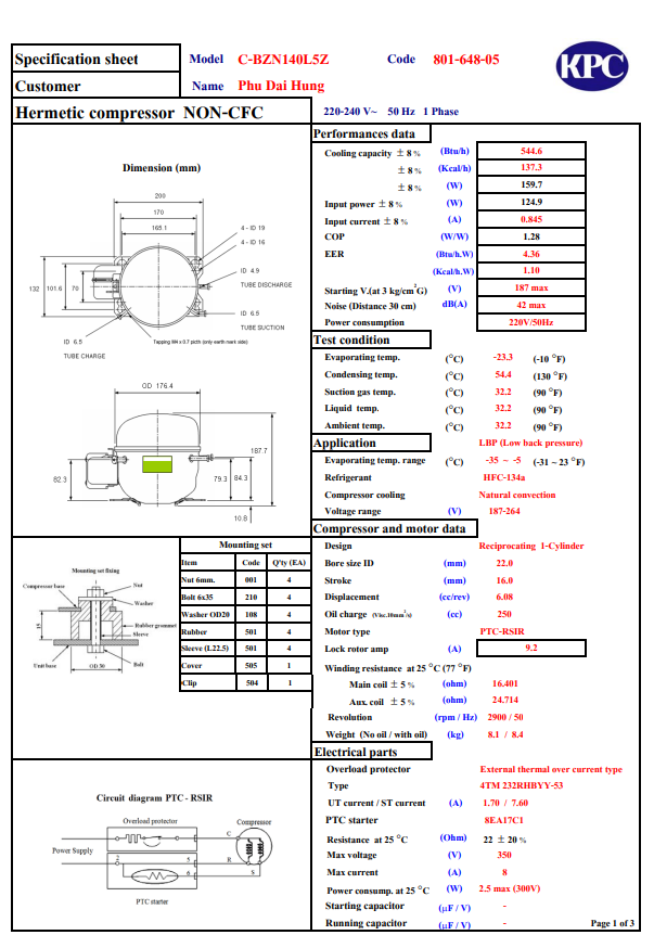 Block (lốc) Kulthorn C-BZN140L5Z(  1/6HP) - Hàng chính hãng