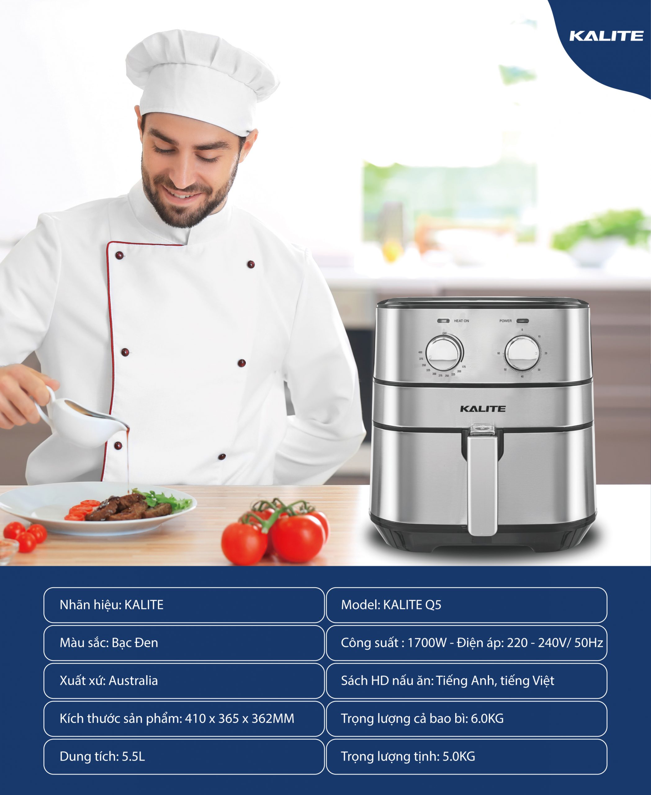 Nồi chiên không dầu Kalite Q5 Úc 5.5 Lít