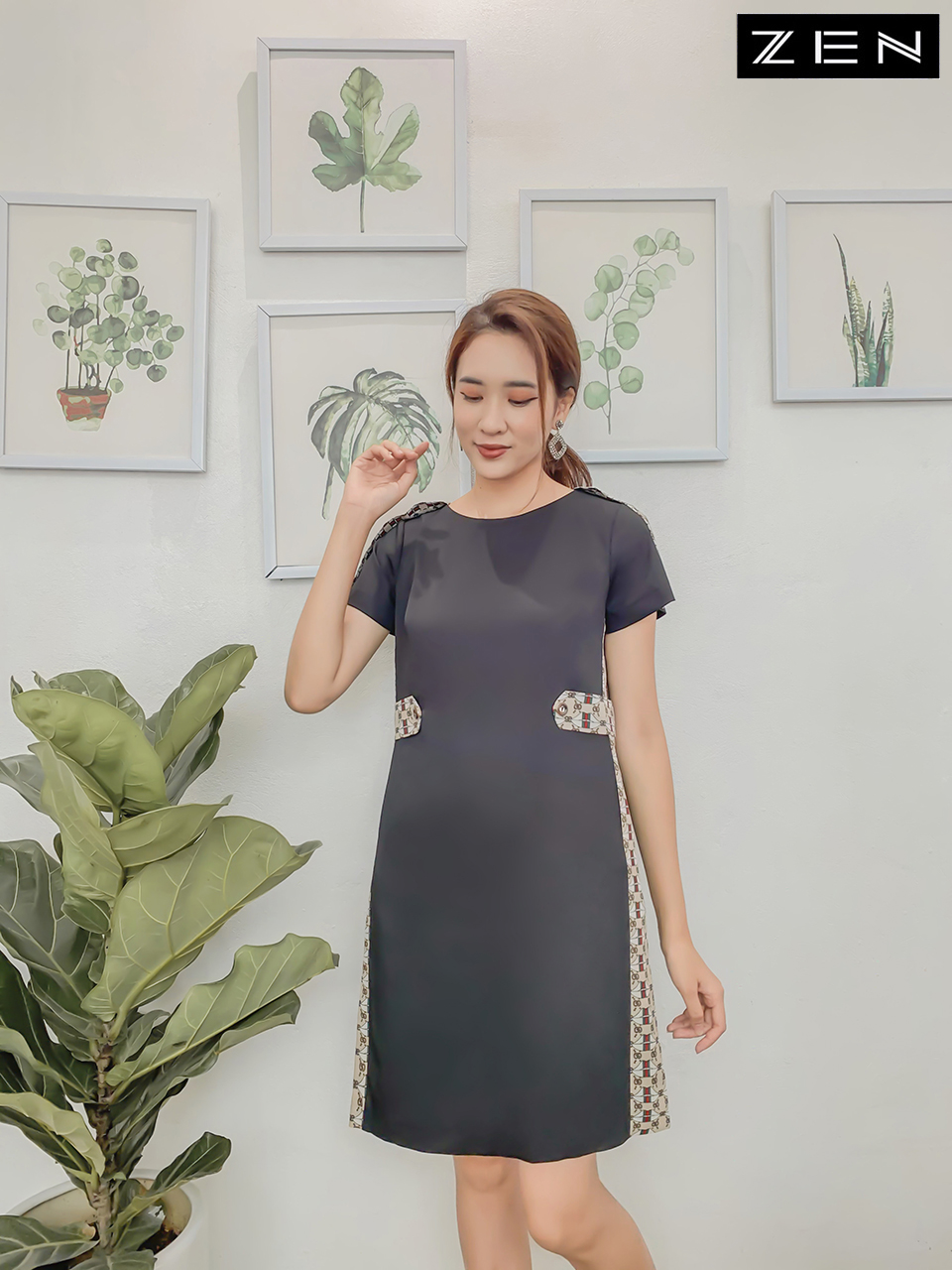 20/V080/01 VÁY SUÔNG, PHỐI DỌC 2 BÊN SƯỜN, ĐEN Zen Fashion