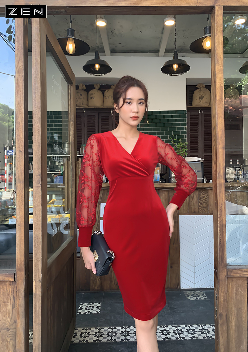Đầm ren đỏ body tay dài xẻ tà cao - Bán sỉ thời trang mỹ phẩm