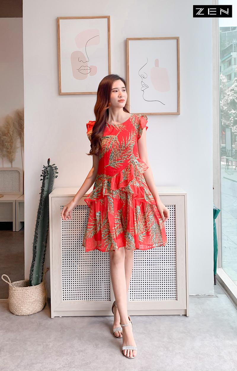 21/V028/04 VÁY XÒE, XẾP LY CHÂN VÁY ,LÁ ĐỎ Zen Fashion