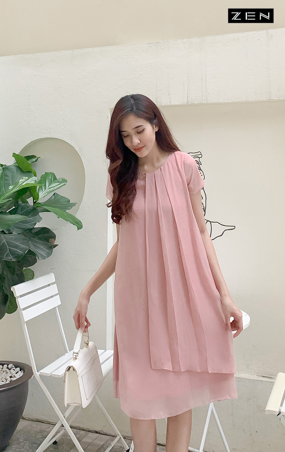 20/V096/S/01/VÁY SUÔNG A, DÂY RÚT VAI, TRẮNG Zen Fashion