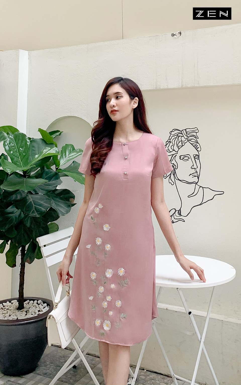 21/V041/01 VÁY SUÔNG, CÚC NGỰC,THÊU GẤU,HỒNG Zen Fashion