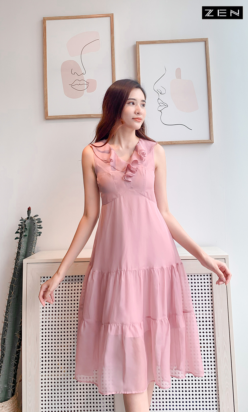 21V048L01VÁY XÒE CỔ V BÈO SN BÈO TẦNG HỒNG Zen Fashion