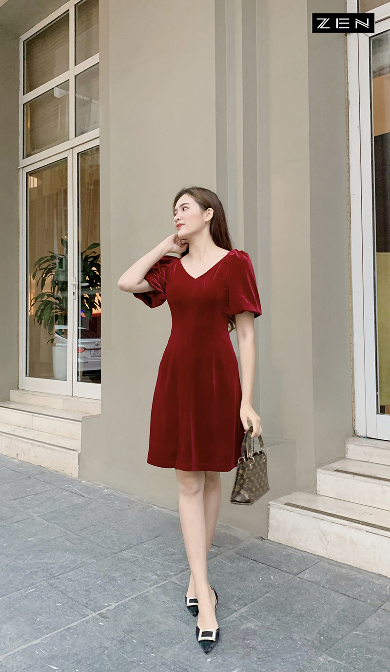 Váy xòe đỏ nhún vạt nơ eo – V808 – Topvay Fashion