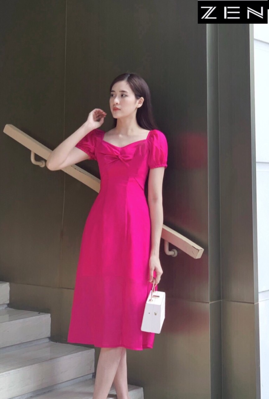 Đầm Xoè Hoa 3D Đỏ Cổ Vuông Dập Ly Tay Loe Voan Cao Cấp Sandra Dress