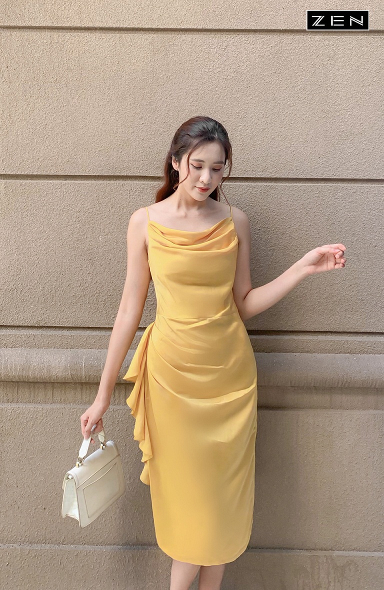 21/V056/02 /VÁY 2 DÂY, CỔ ĐỔ, BÈO DỌC SƯỜN, VÀNG Zen Fashion