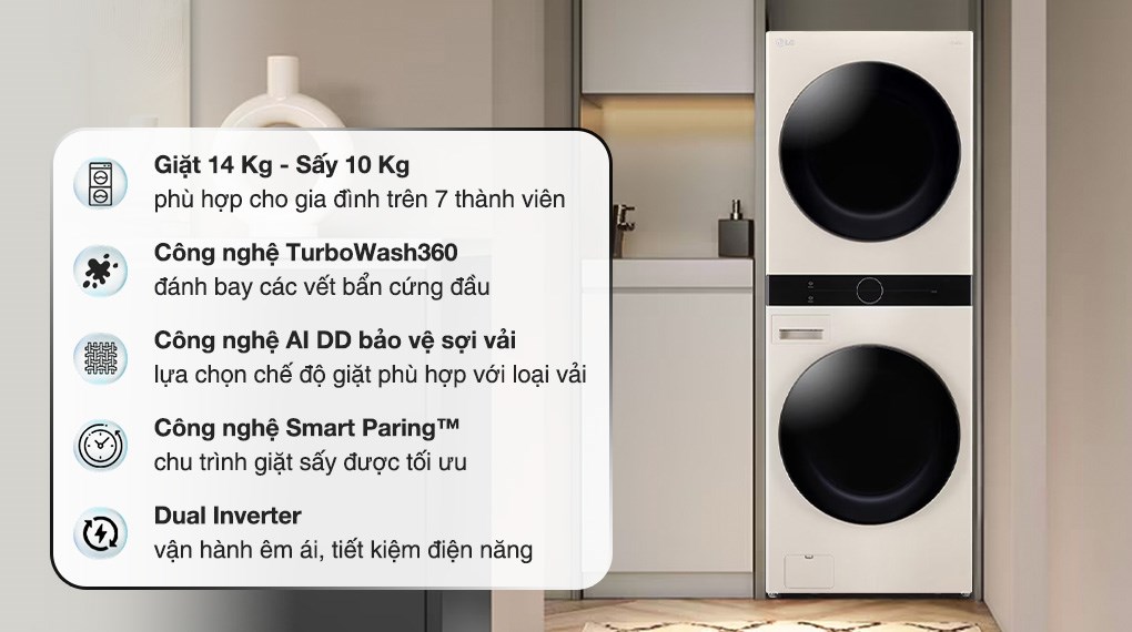 Tháp giặt sấy LG WashTower WT1410NHE Inverter giặt 14 kg - sấy 10 kg
