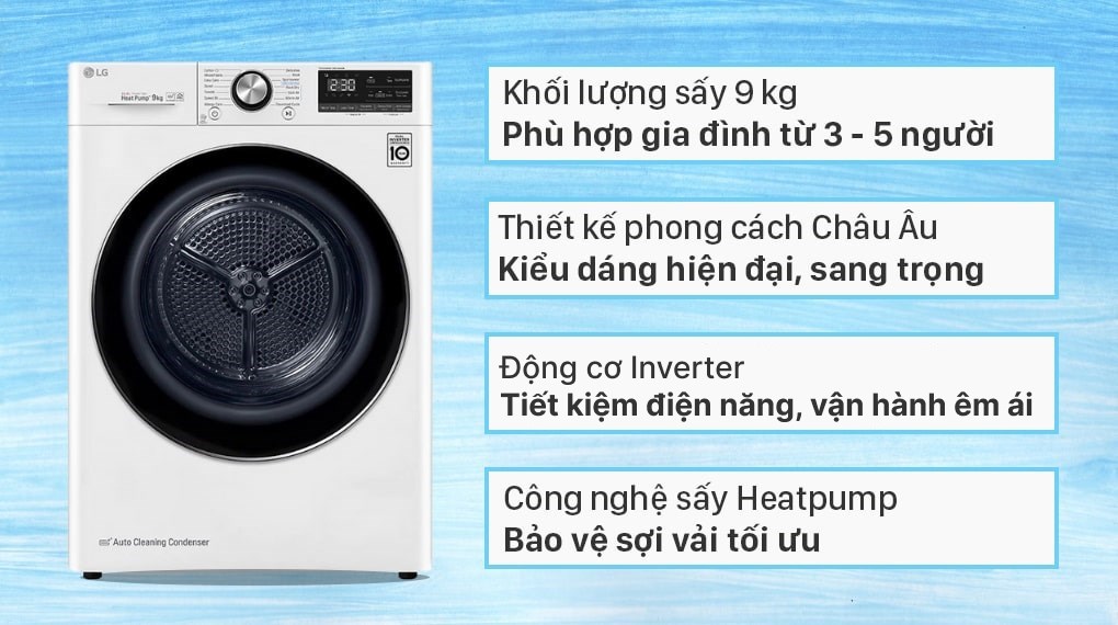 Máy sấy bơm nhiệt LG 9 kg DVHP09W