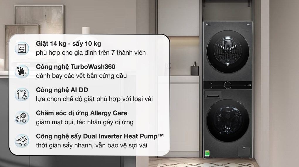 Tháp giặt sấy LG WT1410NHB WashTower Inverter giặt 14 kg - sấy 10kg