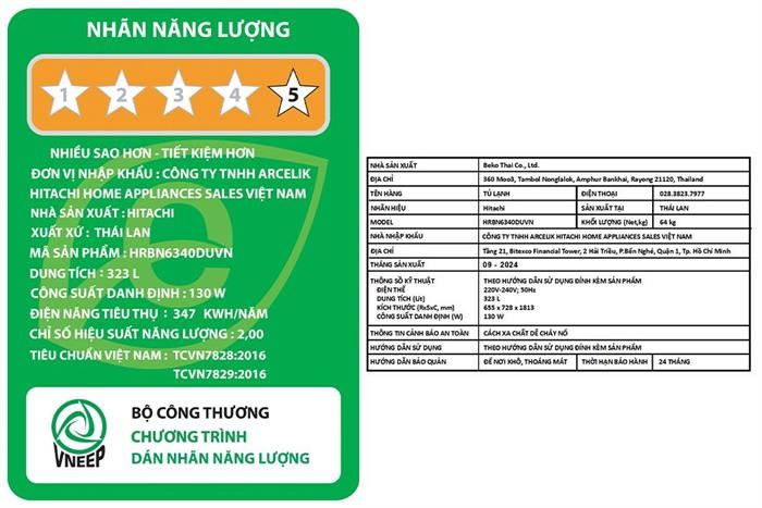 Tủ lạnh Hitachi HRBN6340DUVN Inverter 323 lít