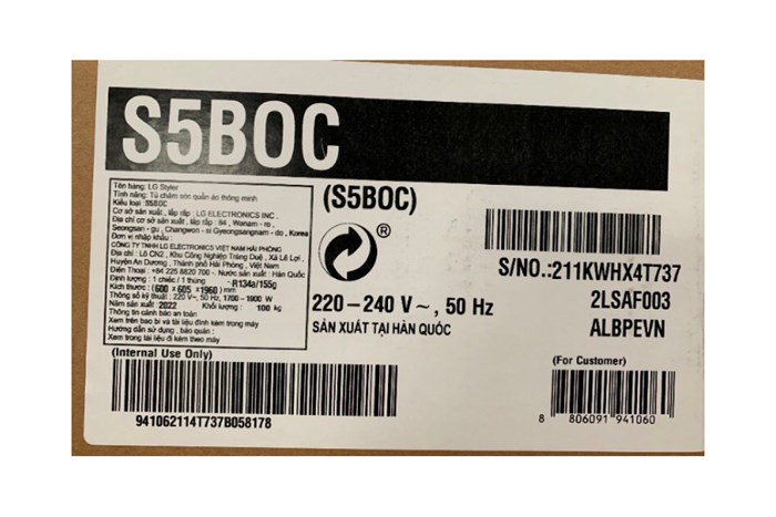 Tủ chăm sóc quần áo thông minh LG S5BOC Styler Inverter 5 móc