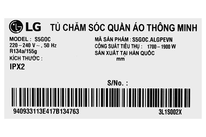 Tủ chăm sóc quần áo thông minh LG S5GOC Styler Inverter 5 móc