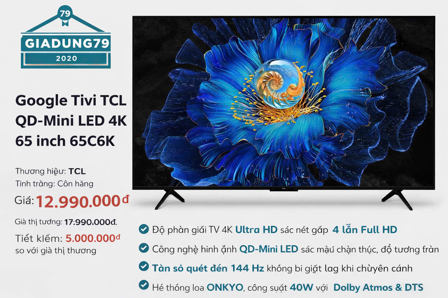 Google Tivi TCL QD-Mini LED 4K 65 inch 65C6K
