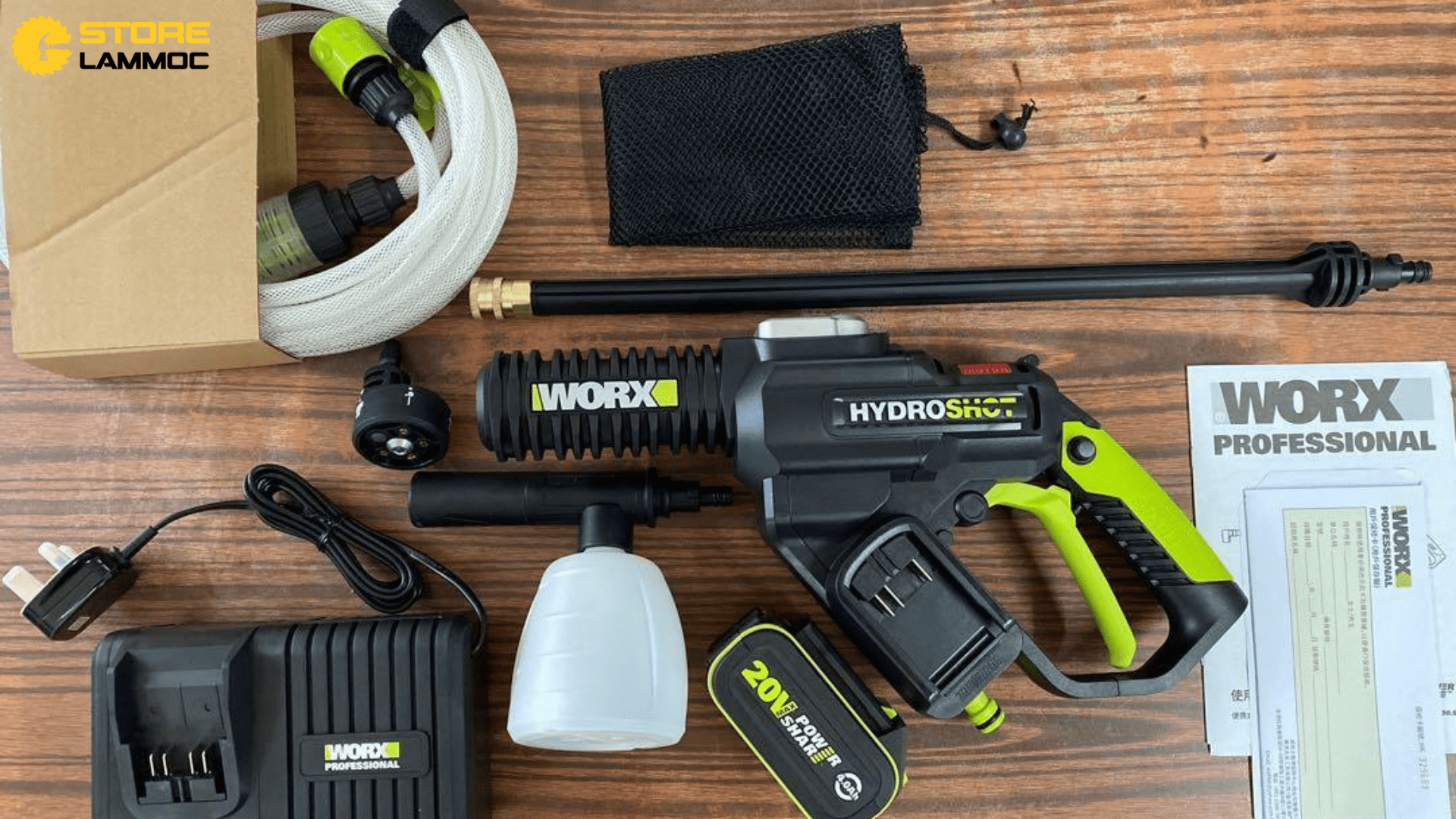 Bộ Sản Phẩm Máy Rửa Xe Pin Worx Hydroshot WU630