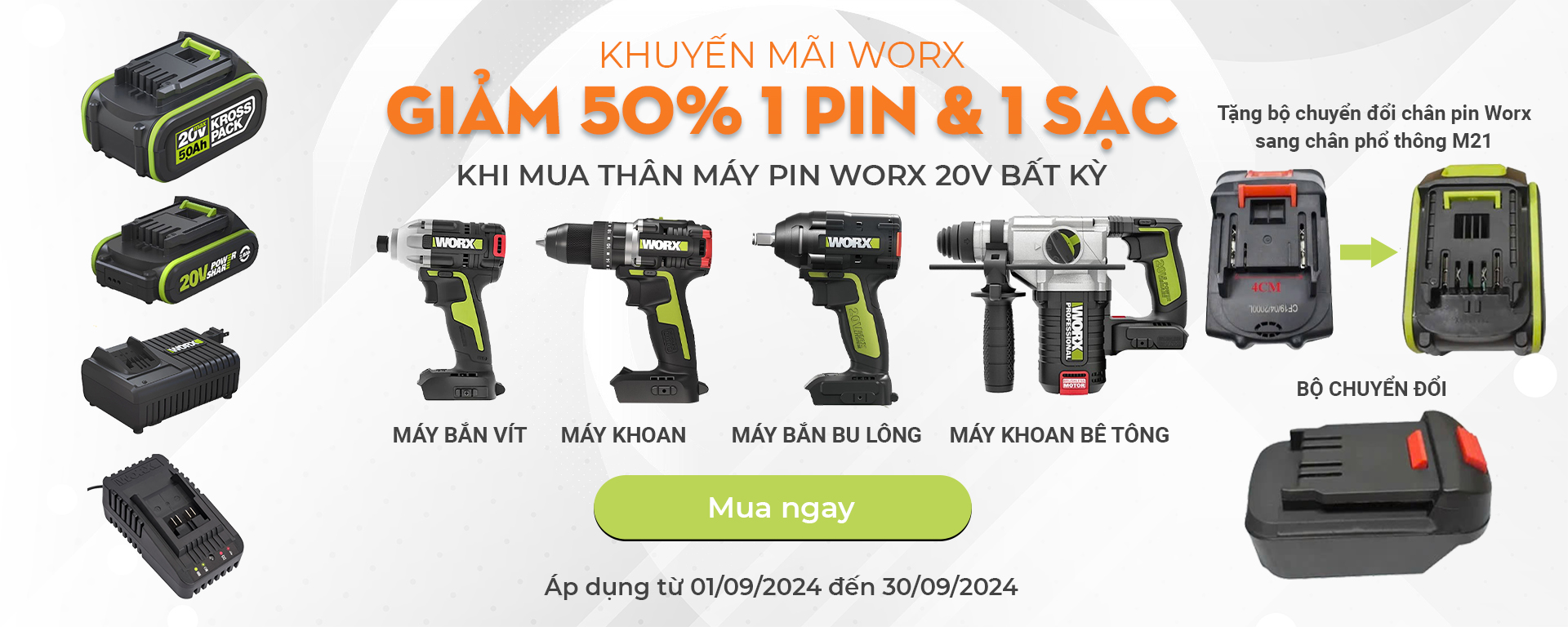 Khuyến mãi WorX - Giảm 50% pin và sạc khi mua thân máy pin 20V bất kì