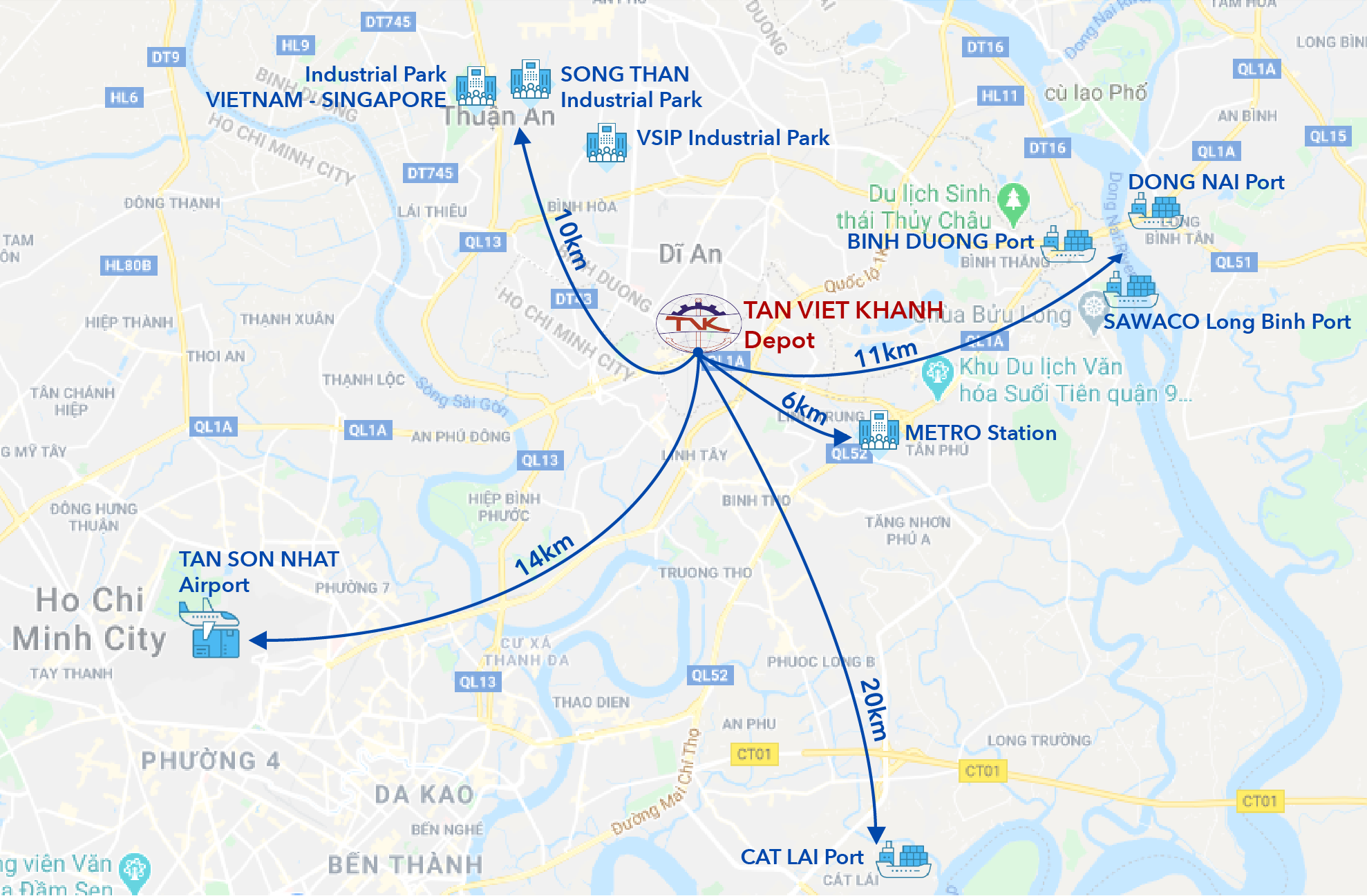Strategic location and close proximity to major ports and industrial parks