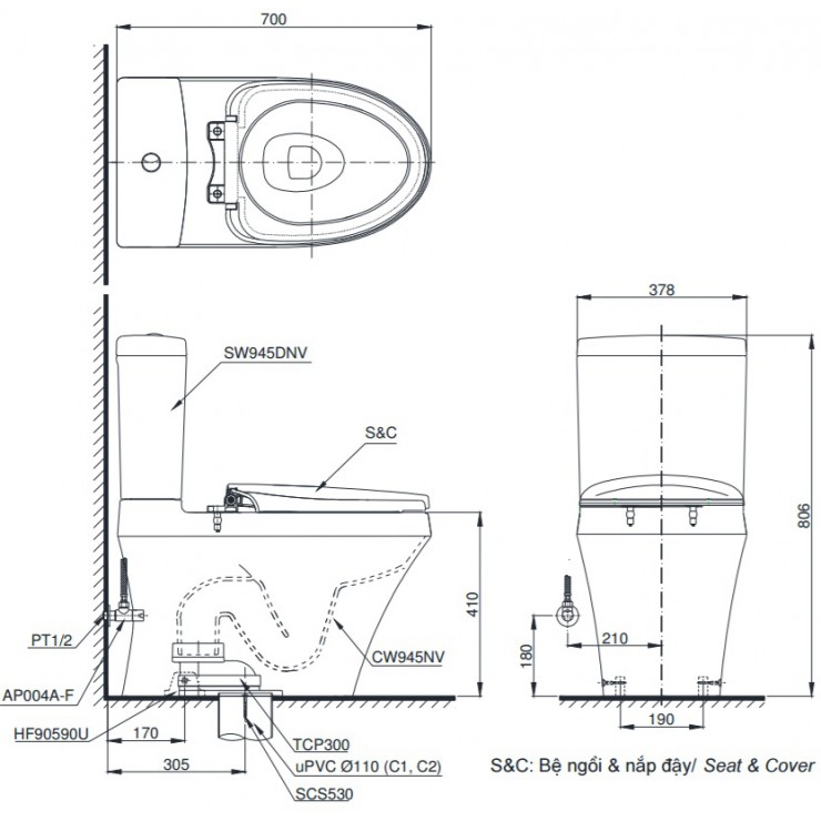 Bàn Cầu Hai Khối TOTO CS945DNT3