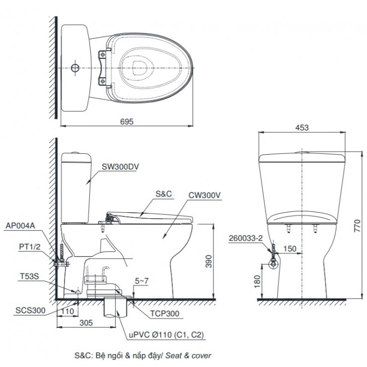 Bàn Cầu Hai Khối TOTO CS300DT3Y1