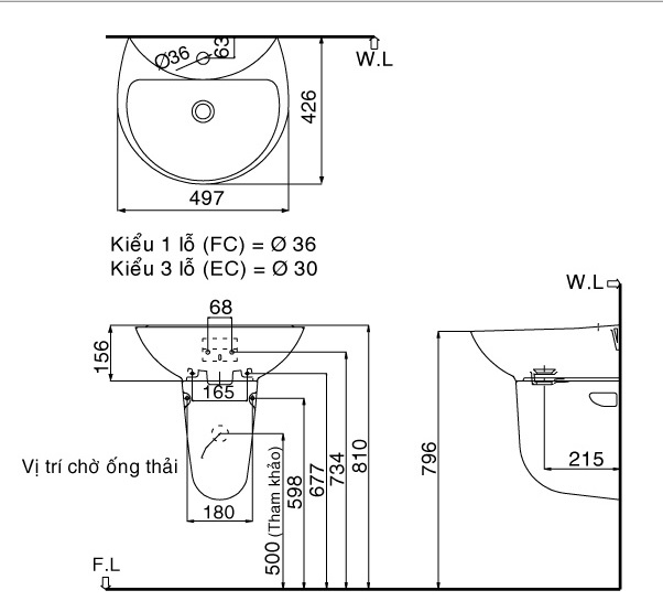 Lavabo Treo Tường Inax L-285V Kèm Chân chậu Ngắn L-288VC