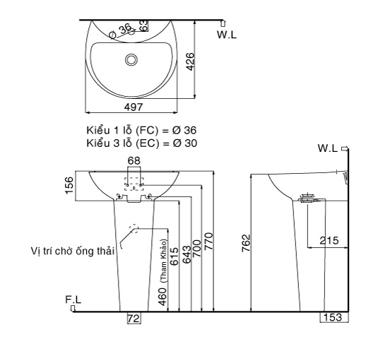 Lavabo Treo Tường Inax L-285V Kèm Chân chậu Dài L-288VD