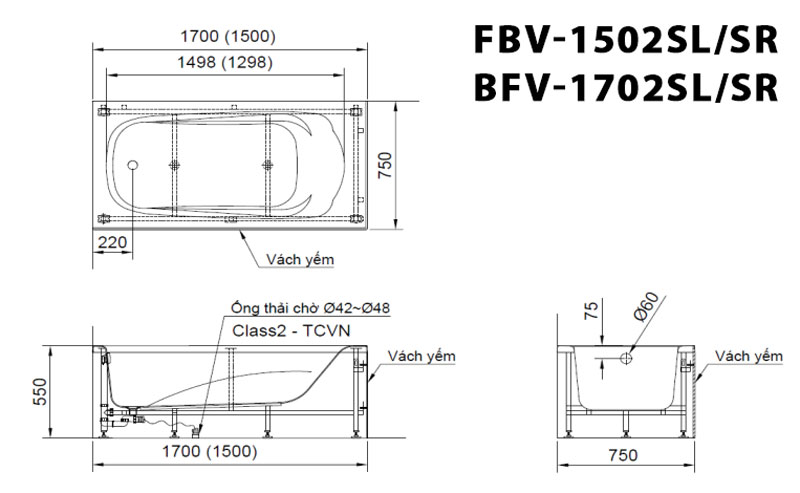 Bồn Tắm Inax FBV-1502SL & FBV-1502SR 1.5M Chân Yếm INAX