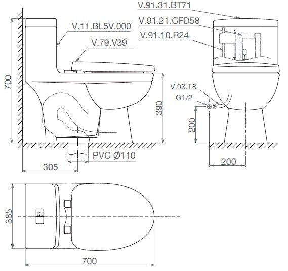 Bàn Cầu Viglacera BL5V Nắp V37 Xả Xoáy + Xịt VG826