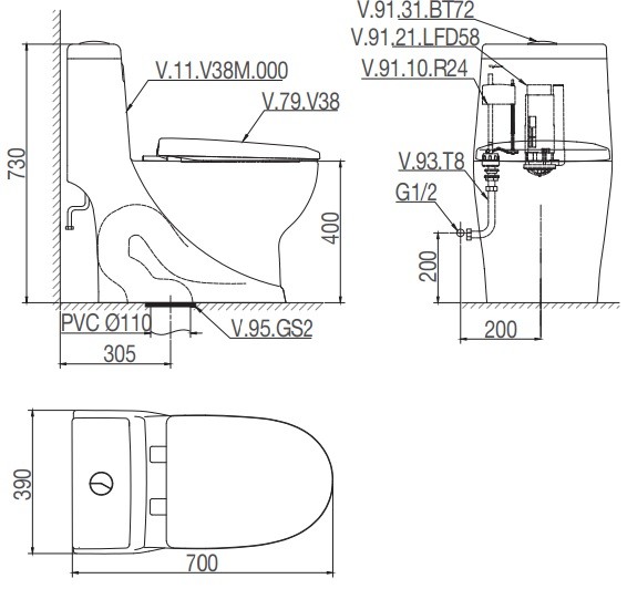 Bàn Cầu Viglacera V38M Nắp V38M + Vòi Xịt VG826