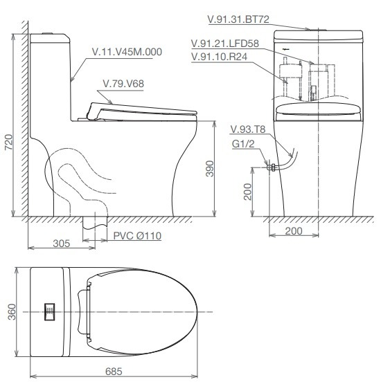 Bàn Cầu Viglacera V45M Nắp V687 Xả Xoáy + Vòi Xịt VG826