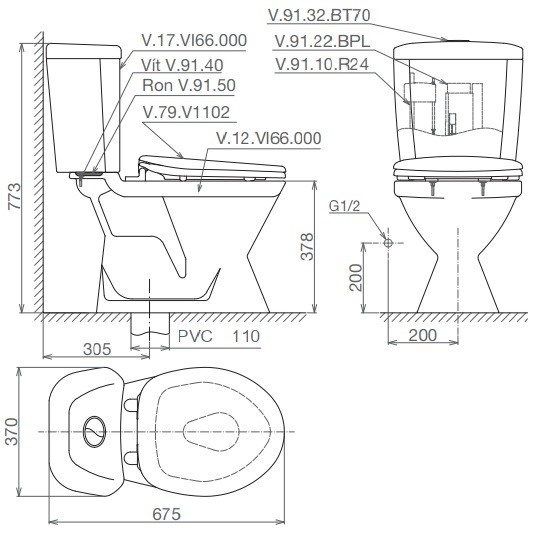 Bàn Cầu Viglacera VI66 2 Khối