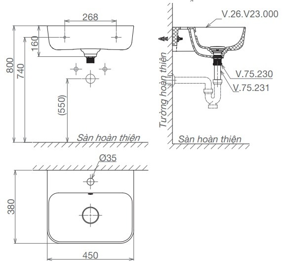 Chậu Rửa Lavabo Viglacera V23 Treo Tường