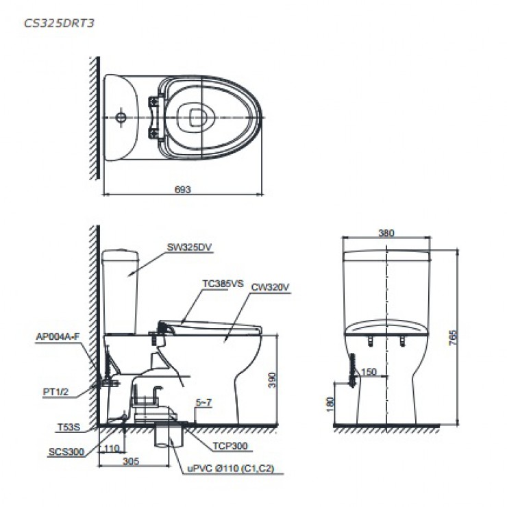Bàn Cầu 2 Khối TOTO CS325DRT3