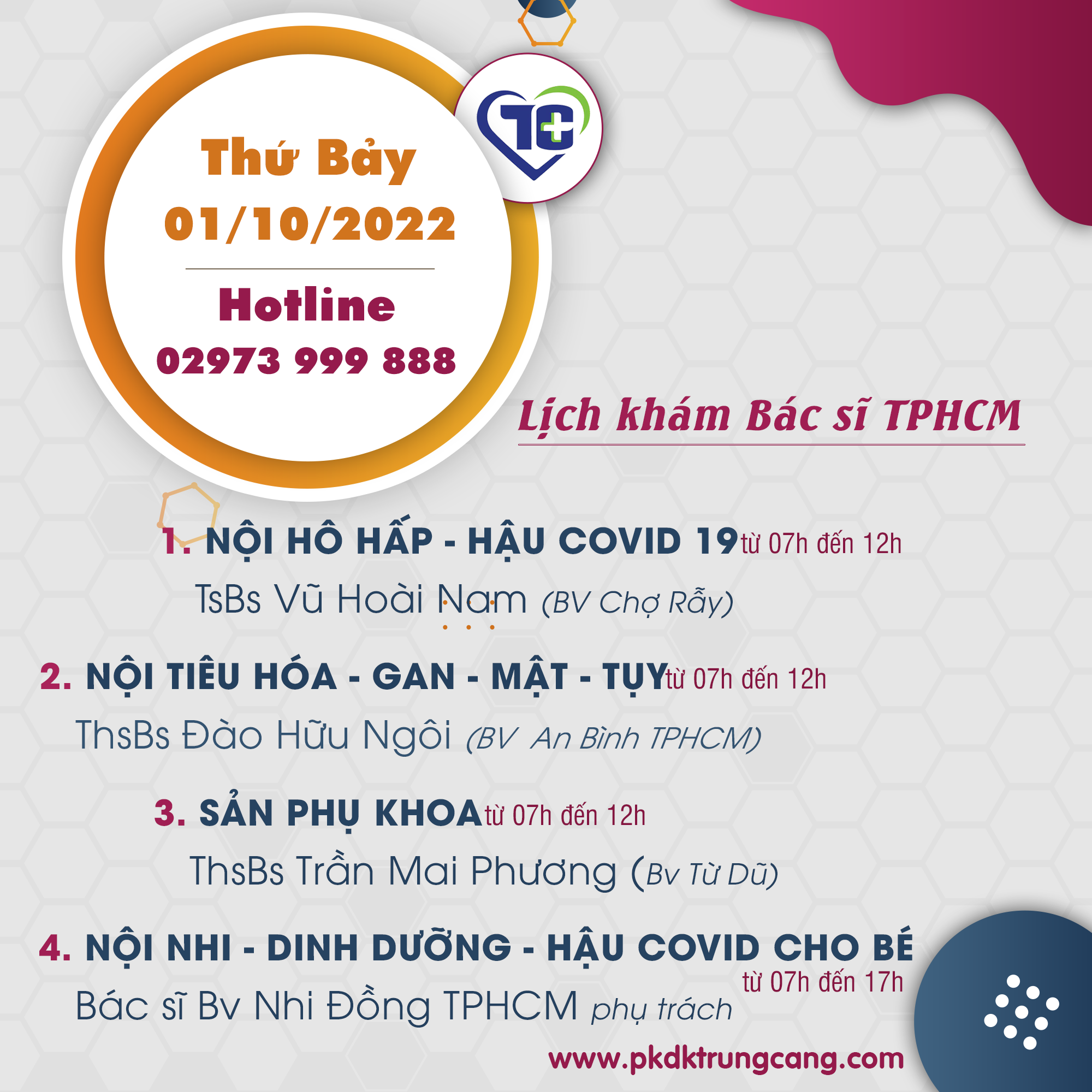 Lịch khám các Chuyên khoa vào Thứ Bảy, ngày 01/10/2022 do bác sĩ đến từ TPHCM phụ trách