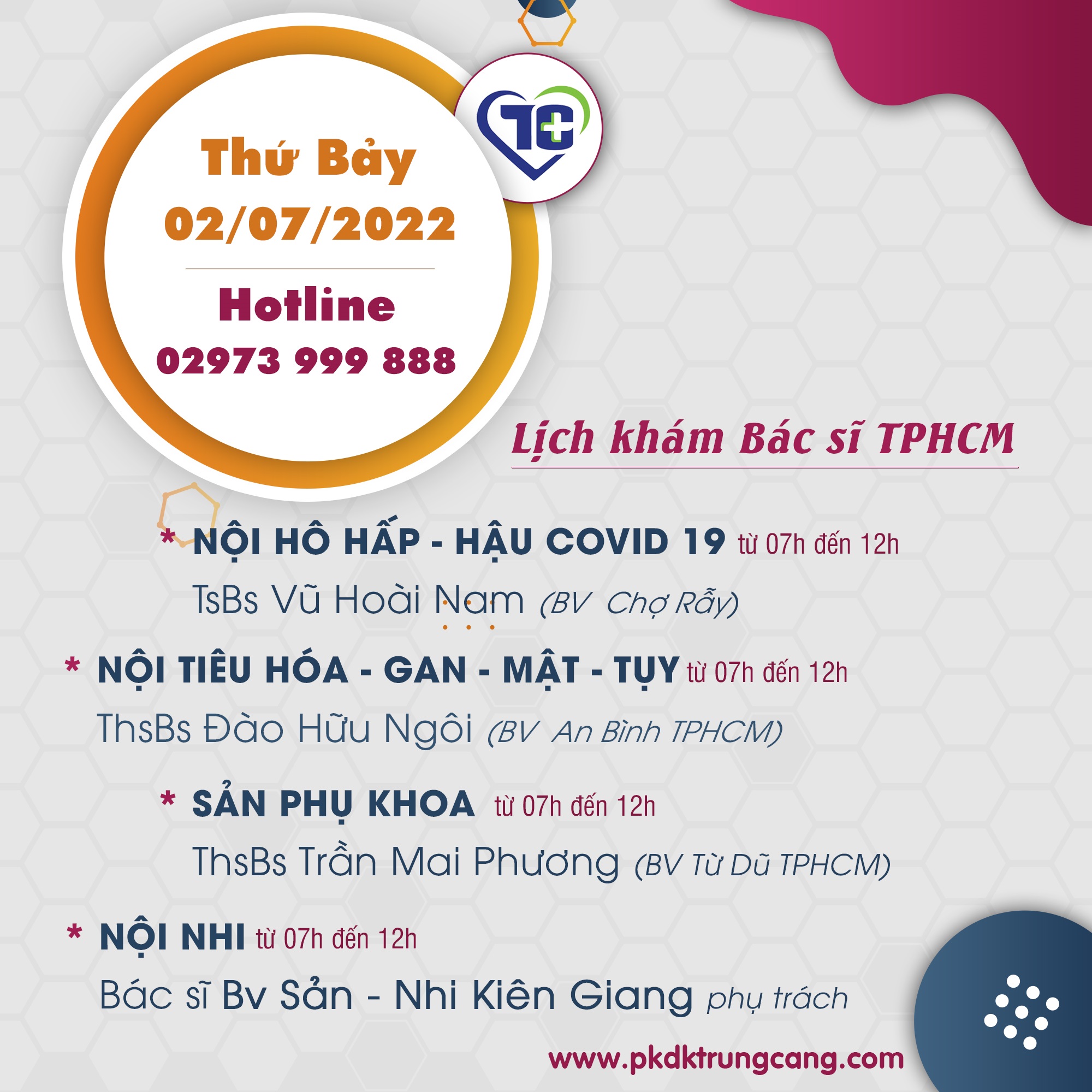 Lịch khám các Chuyên khoa vào Thứ Bảy, ngày 02/07/2022 do bác sĩ đến từ TPHCM phụ trách