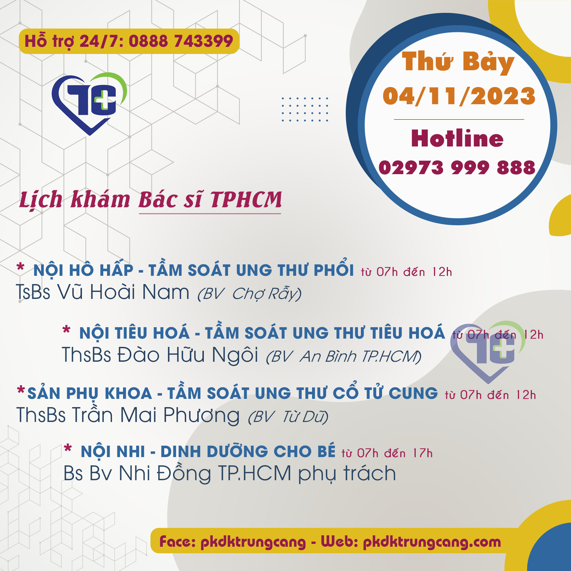 Lịch khám các Chuyên khoa vào Thứ Bảy  04/11/2023 do bác sĩ đến từ TPHCM phụ trách