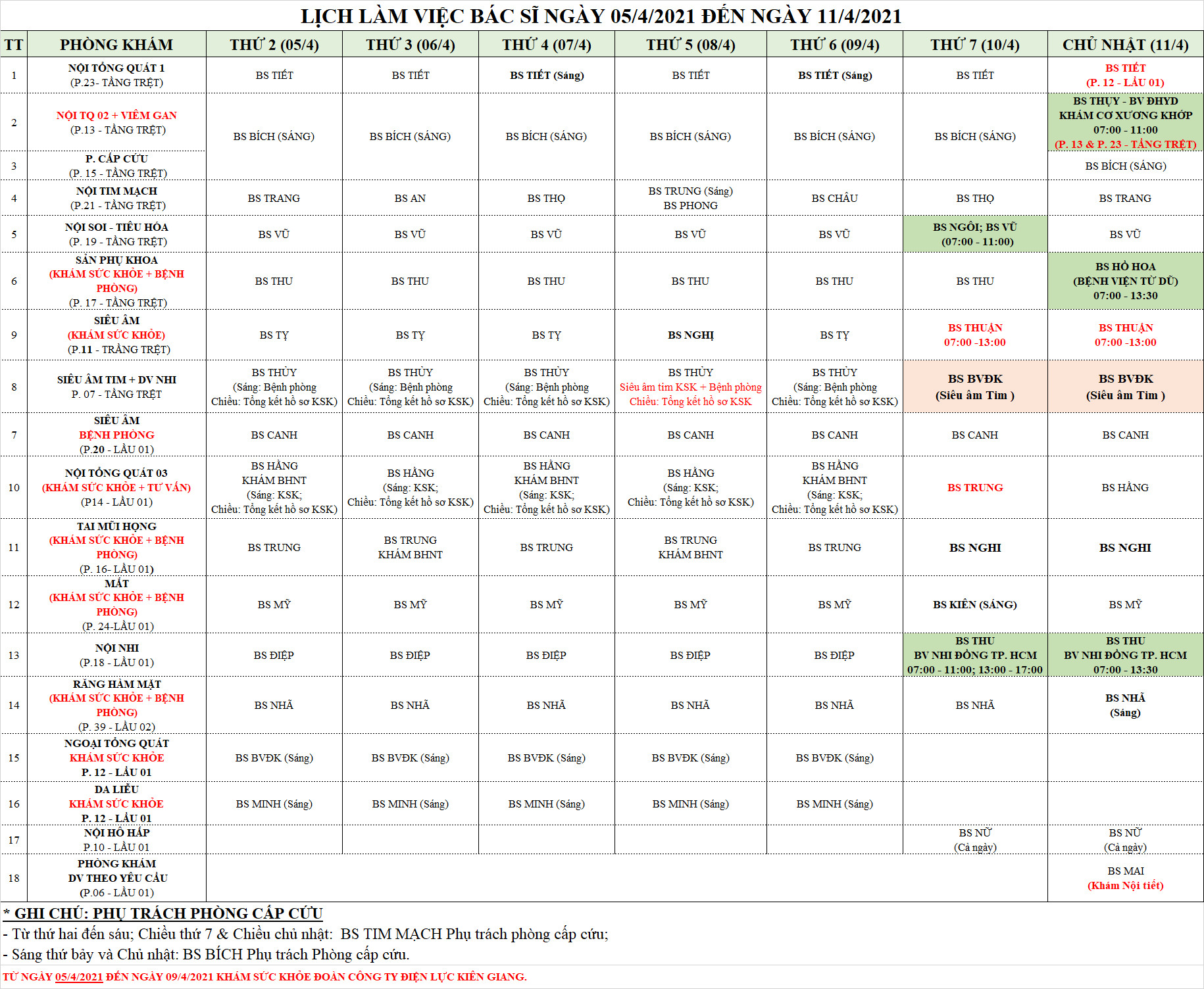 LỊCH LÀM VIỆC CỦA BÁC SĨ PKĐK TRUNG CANG TỪ 05/04/2021 ĐẾN 11/04/2021