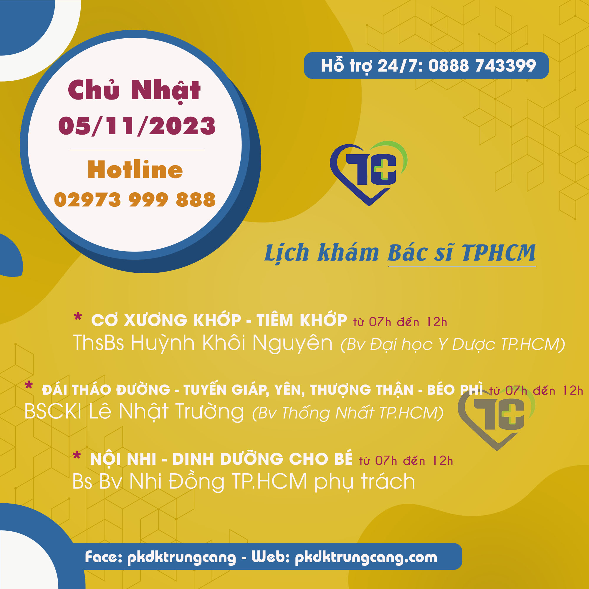 Lịch khám các Chuyên khoa vào Chủ Nhật 05/11/2023 do bác sĩ đến từ TPHCM phụ trách