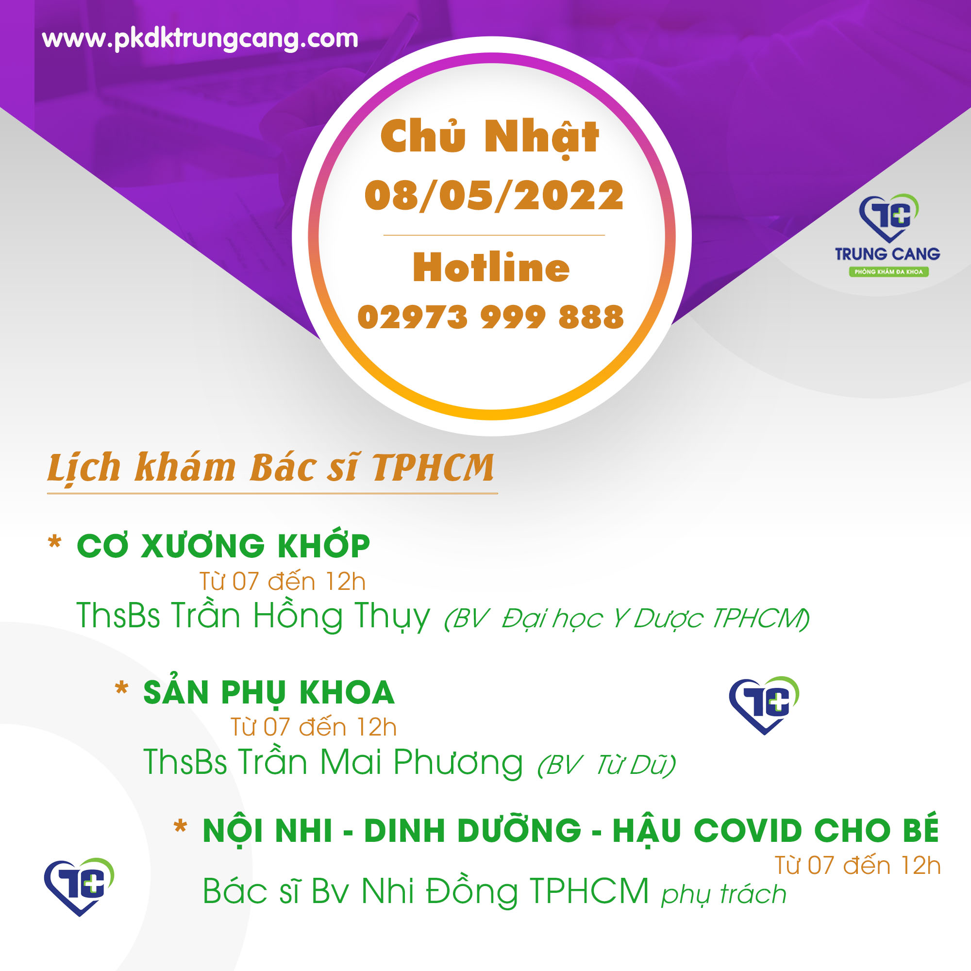 Lịch khám các Chuyên khoa vào Chủ Nhật, ngày 08/05/2022 do bác sĩ đến từ TPHCM phụ trách
