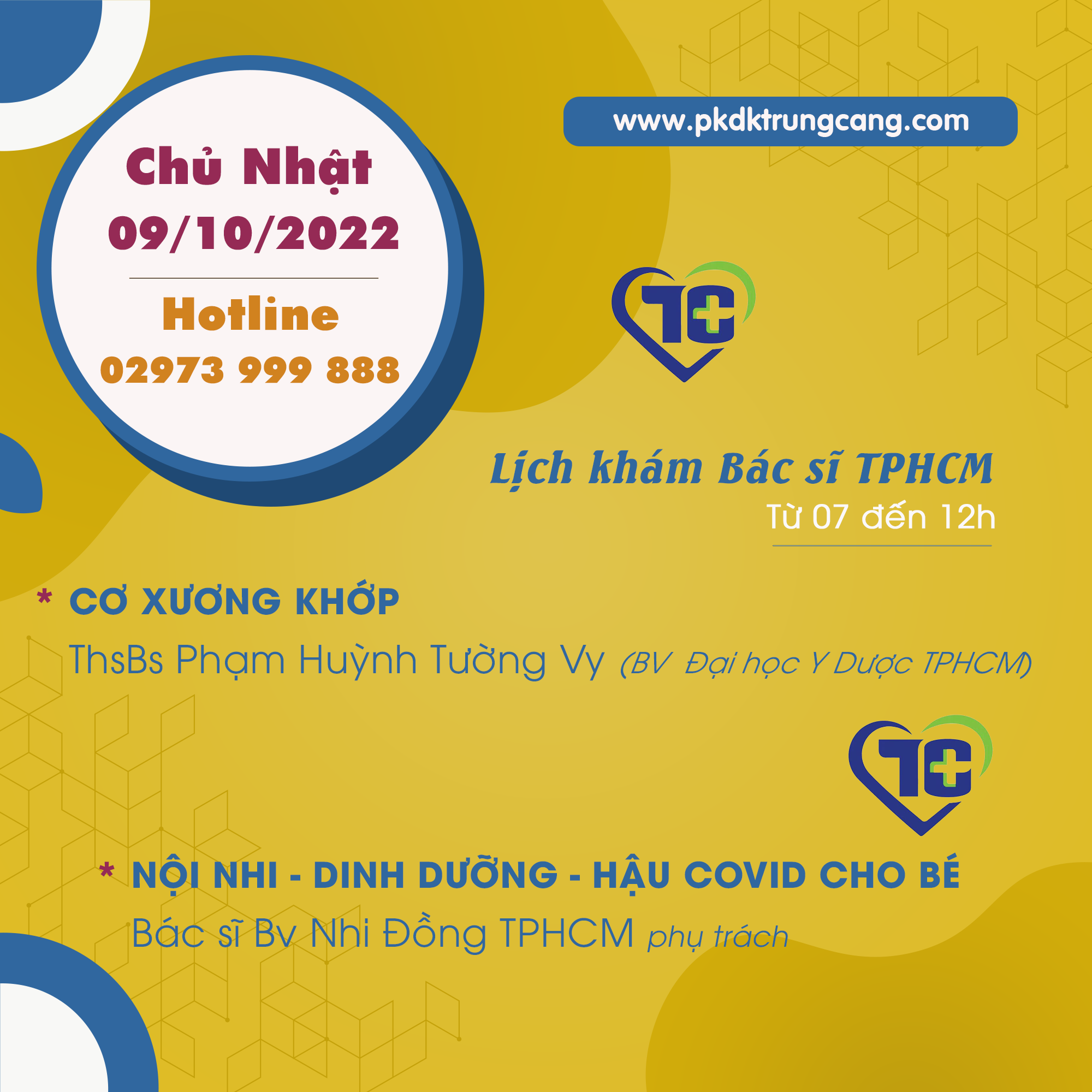 Lịch khám các Chuyên khoa vào Chủ Nhật, ngày 09/10/2022 do bác sĩ đến từ TPHCM phụ trách