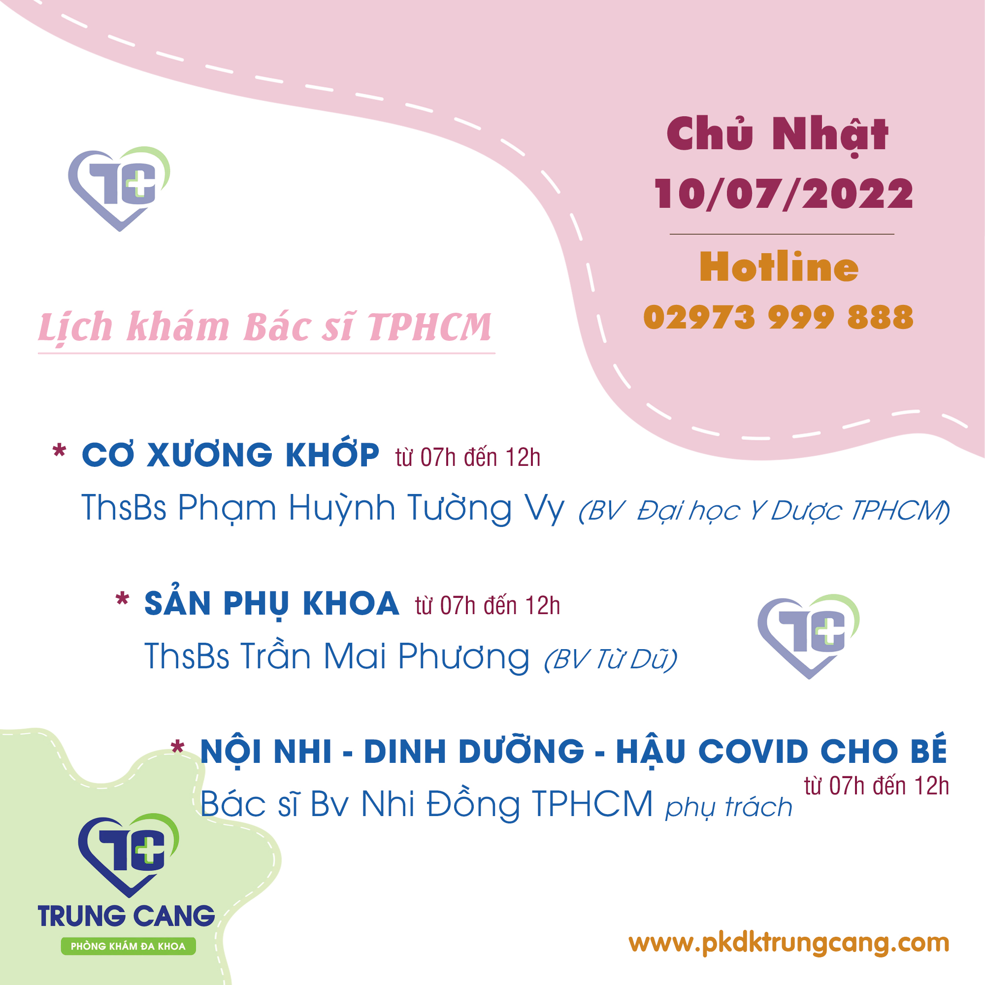 Lịch khám các Chuyên khoa vào Chủ Nhật, ngày 10/07/2022 do bác sĩ đến từ TPHCM phụ trách