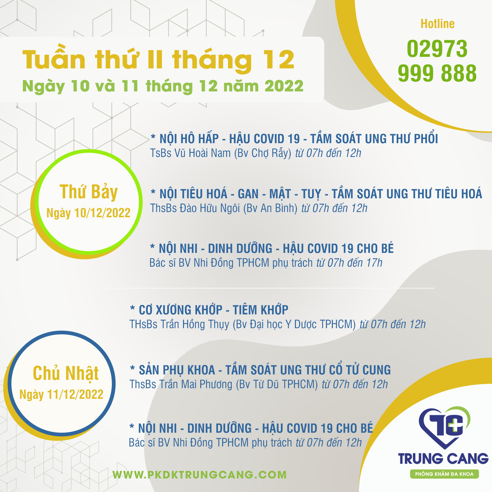 Lịch khám các Chuyên khoa vào Thứ Bảy và Chủ Nhật, ngày 10 - 11/12/2022 do bác sĩ đến từ TPHCM phụ trách