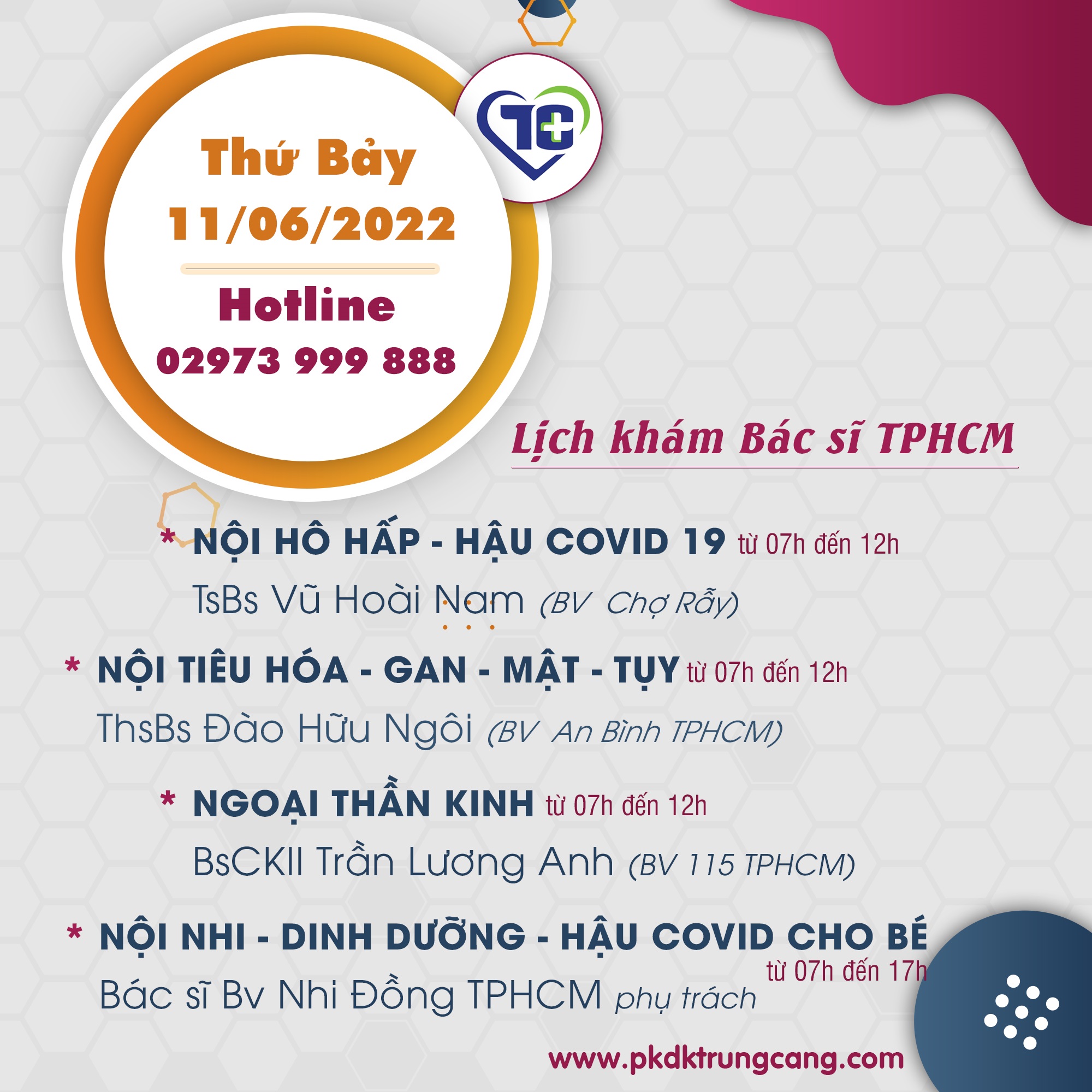 Lịch khám các Chuyên khoa vào Thứ Bảy, ngày 11/06/2022 do bác sĩ đến từ TPHCM phụ trách